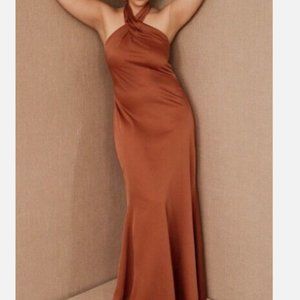 BHLDN Ruby Twist Halter Satin Charmeuse Bridesmaids Dress in Terracotta Size 10